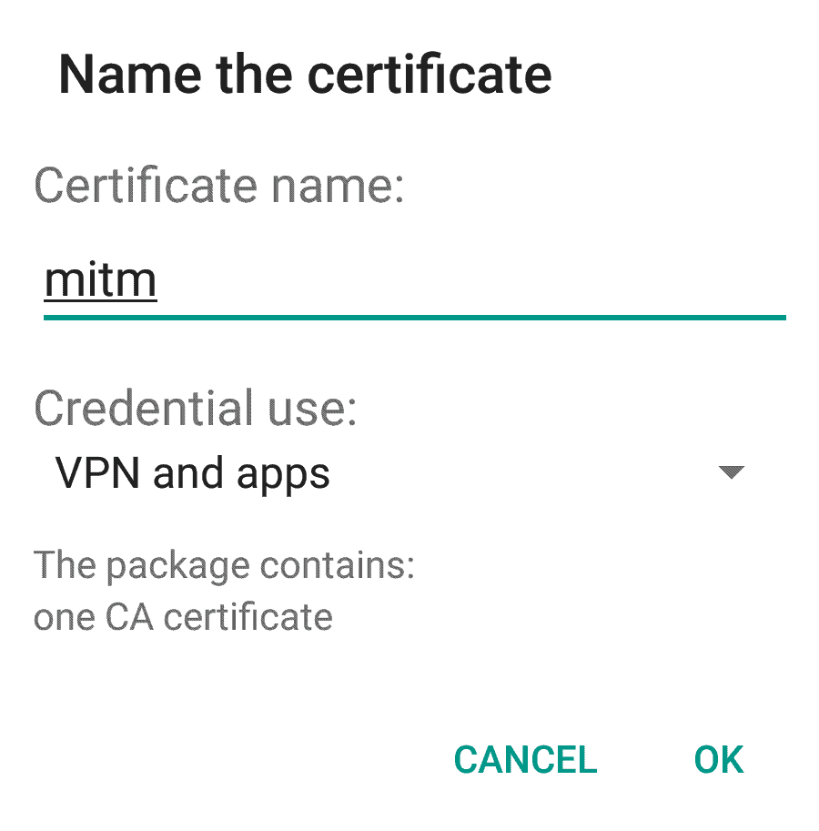 name the certificate Mitmproxy