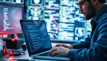 Cybersecurity expert analyzing code on a laptop.