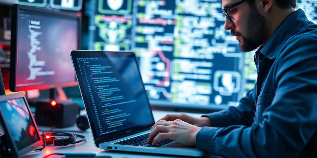 Cybersecurity expert analyzing code on a laptop.