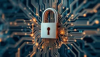 Digital security concept with lock and circuit board elements.